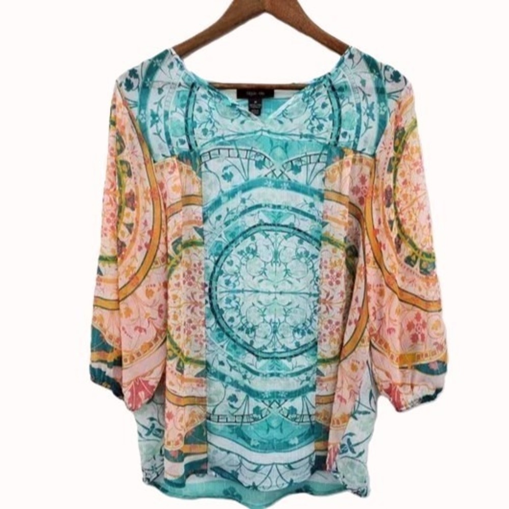 Style & Co Womens M Multicolor Boho Sheer‎ Blouse 3/4 Sleeve Peasant Top